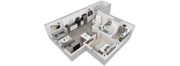 A 3D floor plan of a house with a kitchen, living room, and bedrooms.